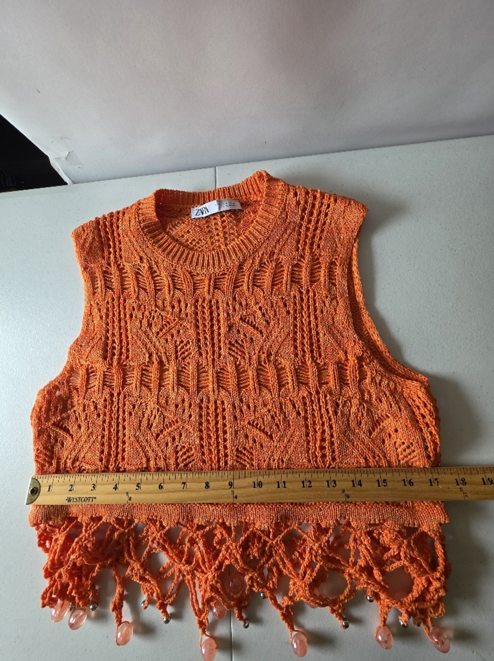 Zara Crochet Knit‎ Crop Top Size L Fringe Tassel Hem Beaded Orange Festival Boho - Picture 7 of 11